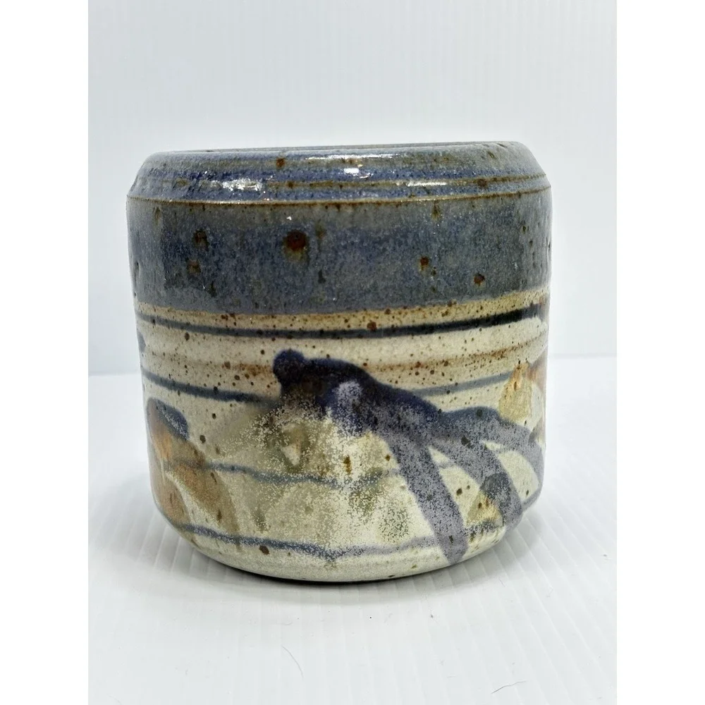 Vintage Art Studio Stoneware Pottery Vase‎ Planter Pot Blue Brown Flowers Signed